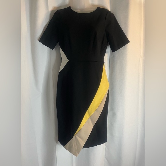 White House Black Market Dress Black w/Yellow & Beige- 6p NWT ( missing belt) - Picture 3 of 6